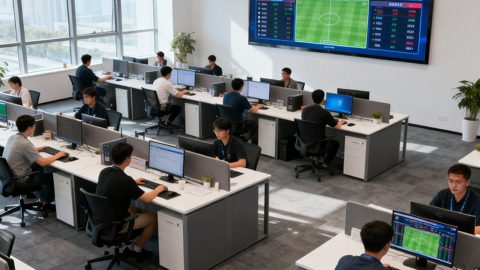 捷报比分成都总部开放式办公区的照片，数十名员工在现代化办公环境中专注工作，墙上悬挂着大型赛事数据监控屏幕，显示全球比分实时更新。